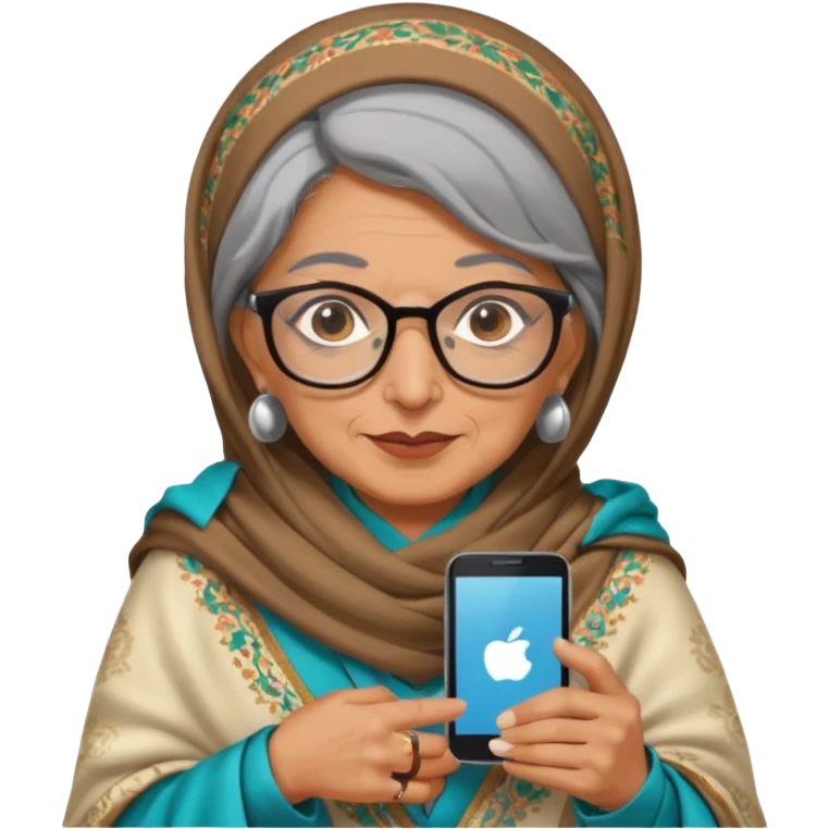 persian old woman Persian shawl with smartphone and glasses, half body emoji