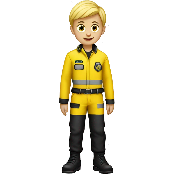 blonde boy wearing bright yellow and red ems uniform, and yellow trousers and black boots emoji