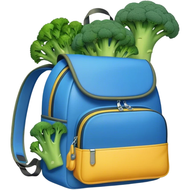 A Big Blue backpack with broccoli falling out emoji