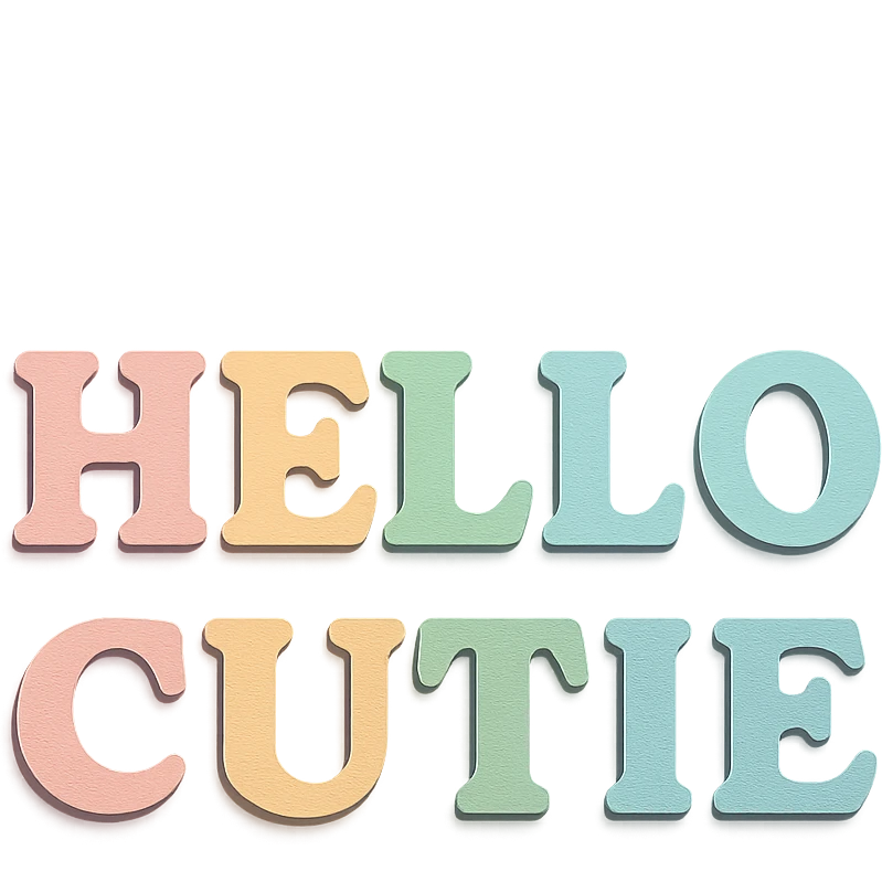 "Hello Cutie" in soft pastel rainbow bold serif font, kawaii, no outline, 3D paper-craft effect emoji