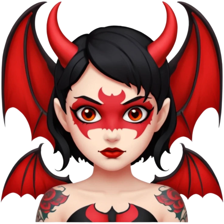 Demon girl: red skin, black hair, small horns, bat wing; tattoo-flash comic style; red/black palette; bold outlines; dark background; no text. emoji
