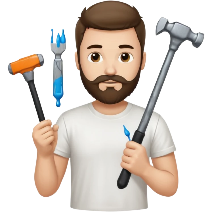 guy who looks very handsome, he has a beard, wears a white tee shirt with drops of paint on it and holds a black screwdriver in one hand and a black hammer in the other  emoji