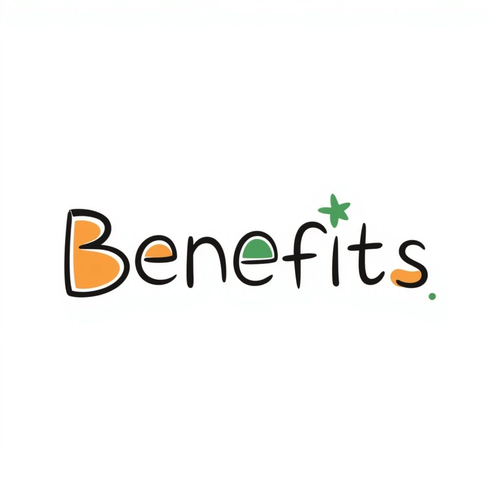 The word "Benefits" hand-drawn in white/cream colored text with just a few green and orange accents. Simple doodle style. emoji