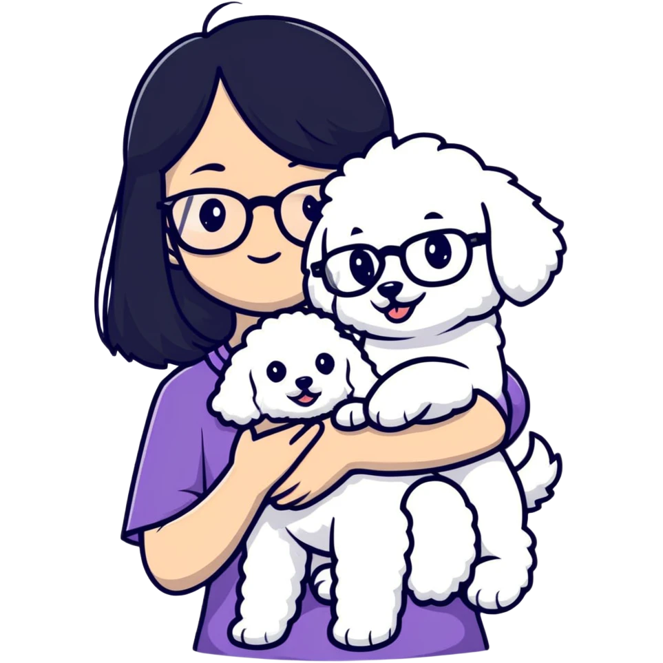 Girl with long black hair and glasses holding a white Bichon Frise dog emoji