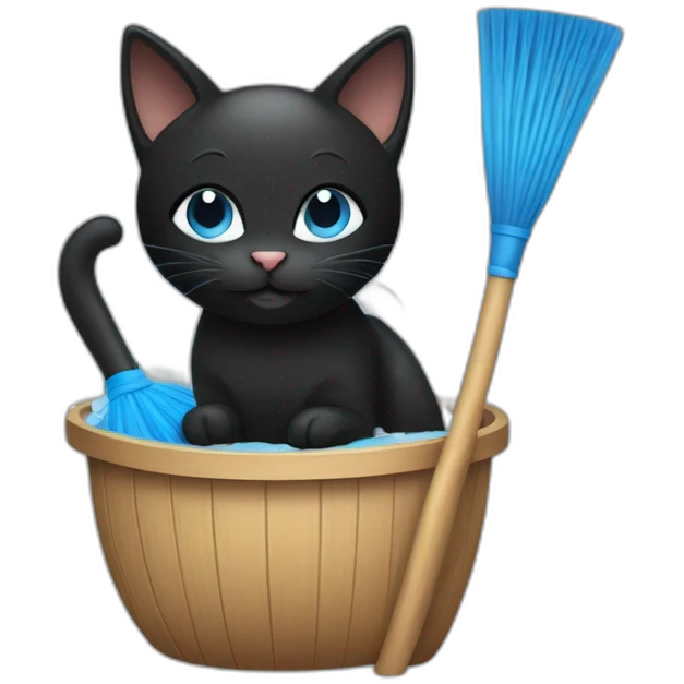 a black cat with blue eyes taking a steam bathome with a banya broom emoji