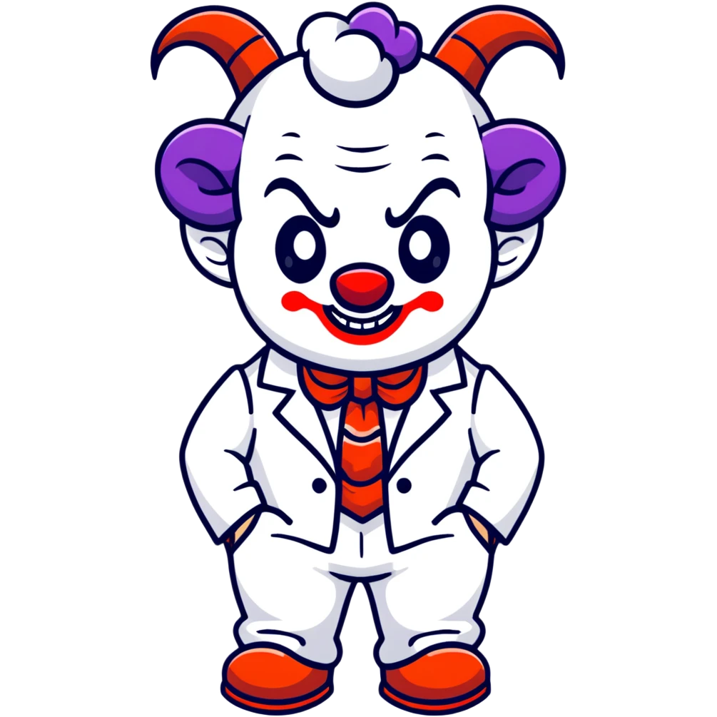 full-body demonic clown in a white leisure suit with bellbottom pants, bald, with black ram horns, wearing elevator shoes, cartoon sticker style emoji