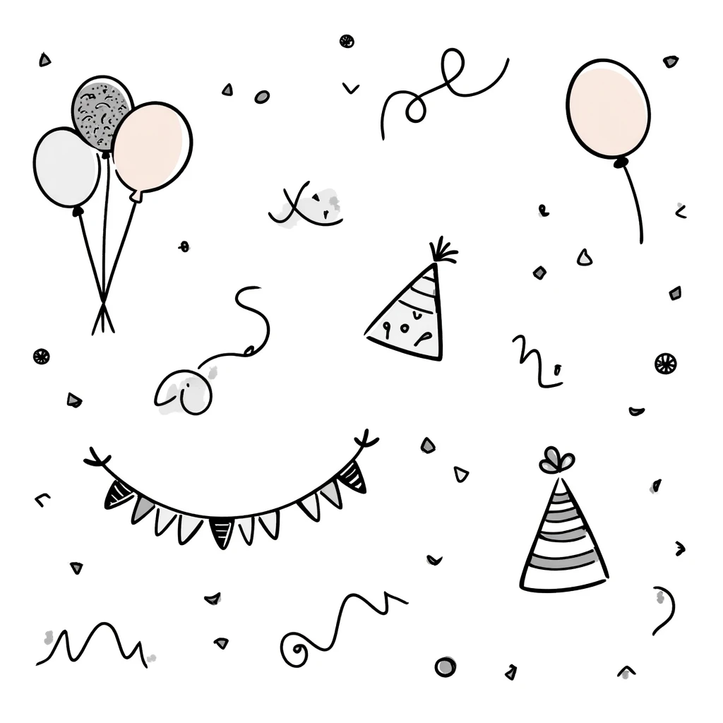 Festive party decorations including balloons, streamers, confetti, party hats, and bunting flags. Using specific pastel colors (dd9fb0, ffc6d3, a3bfc9, c4bee2, f1b091). Hand-drawn doodle style with playful, celebratory elements arranged in a decorative composition. Transparent background. emoji