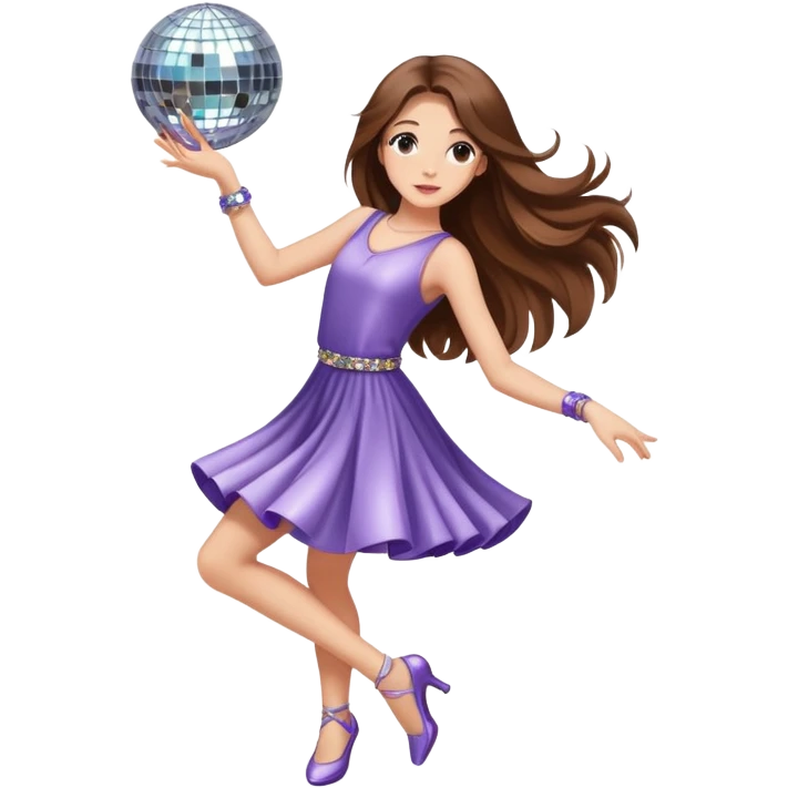 Girl with long brown hair dancing like nobody’s watching, cute elegant quirky  discoball in background  emoji