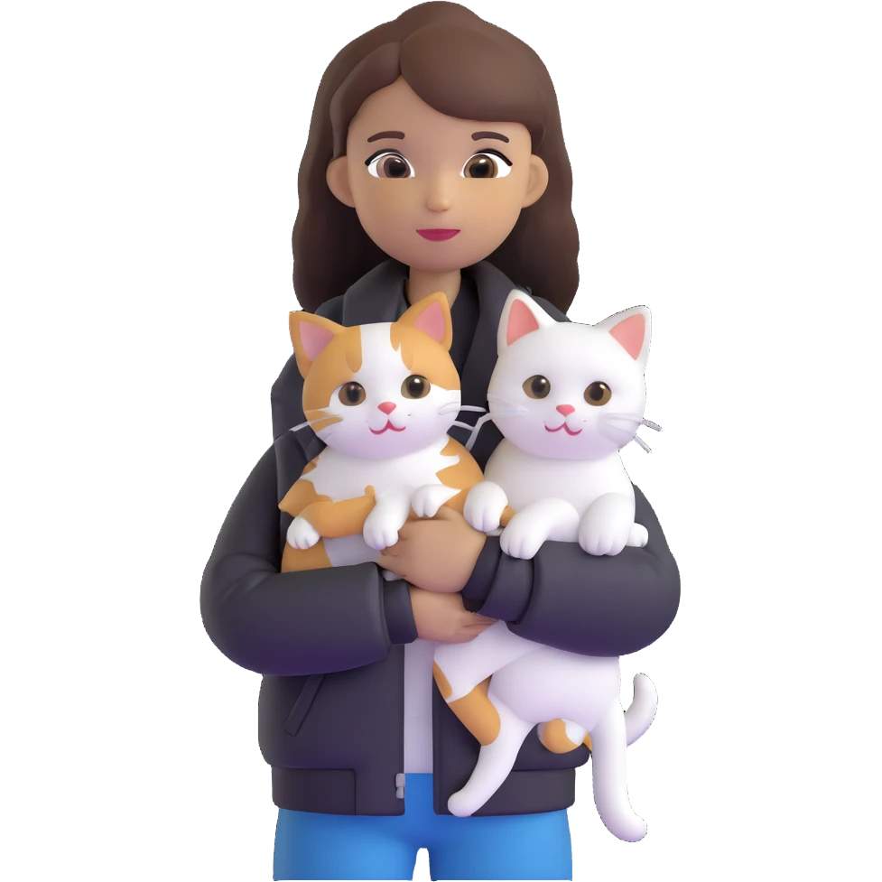 Light-skinned girl with brown straight hair wearing a black jacket, holding one completely white cat and one calico cat emoji