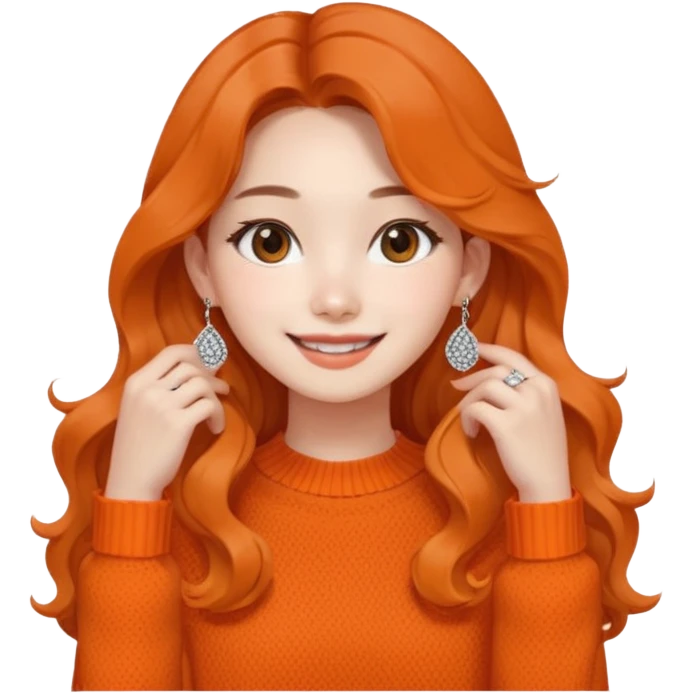 Korean 24-year-old female online shopping mall seller / Orange knit / White face / Earrings / Smiling expression / Long wavy hair / Influencer vibe / Fashionable emoji