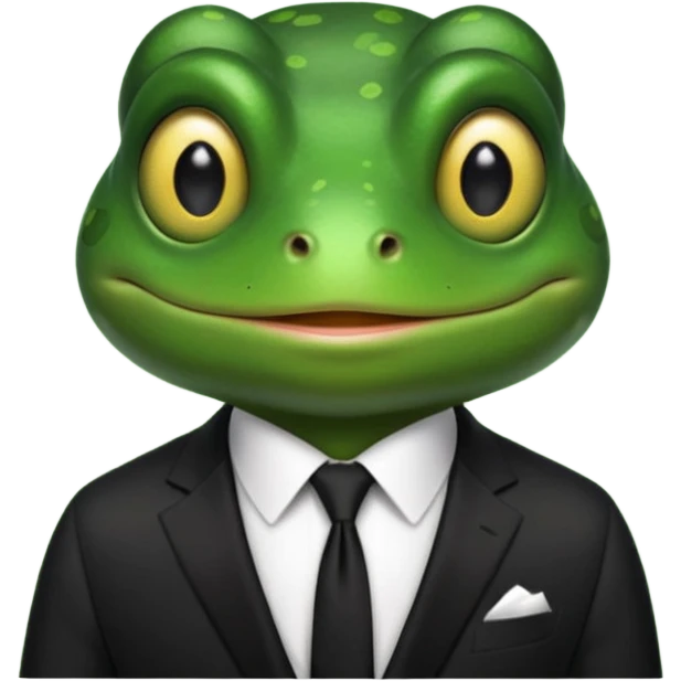 ["Green frog head, dressed in a black suit with a black tie."] emoji