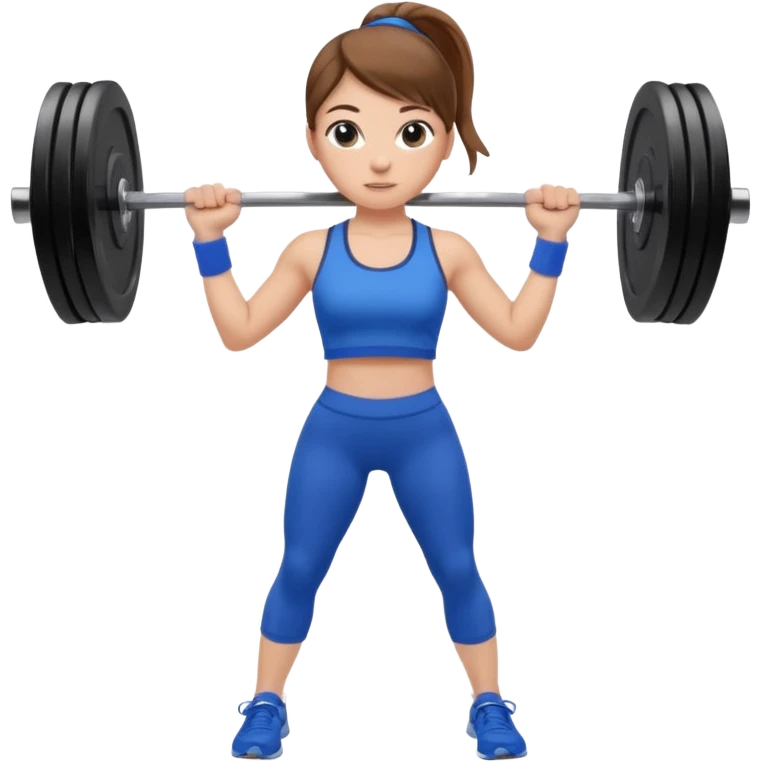 white girl with brown hair in a ponytail with a barbell in a blue sports top and blue leggings emoji