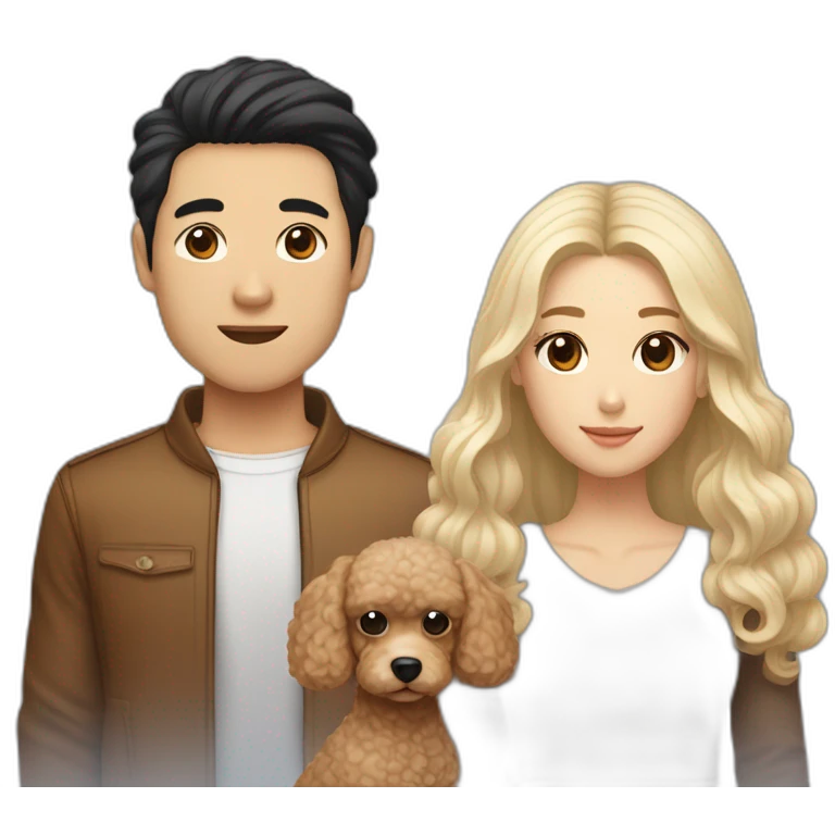 A couple consisting of asian korean man with black eyes and black hair and white girl with long straight blonde hair and brown eyes with brown toy poodle emoji