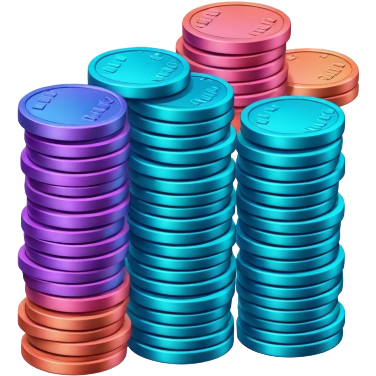 Many Coins pack stack
in gradient of turquoise, blue, pink, purple, and coral
 emoji