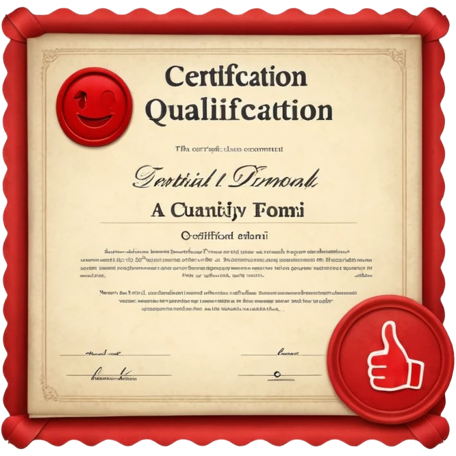A simple emoji of a certificate document with a seal and a thumbs-up symbol, representing qualification or certification emoji