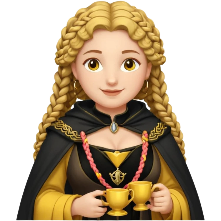 Helga Hufflepuff, 2 curly thick brown braids, yellow-black medieval dress, black cloak decorated with gold braiding, tiny two-handled shiny yellow-gold cup, very kind smile, curvy busty sweet woman, thick rosy cheeks emoji