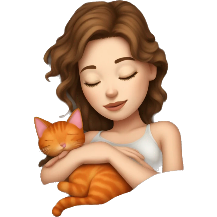 White girl brown hair sleeping on bed with orange kitty emoji