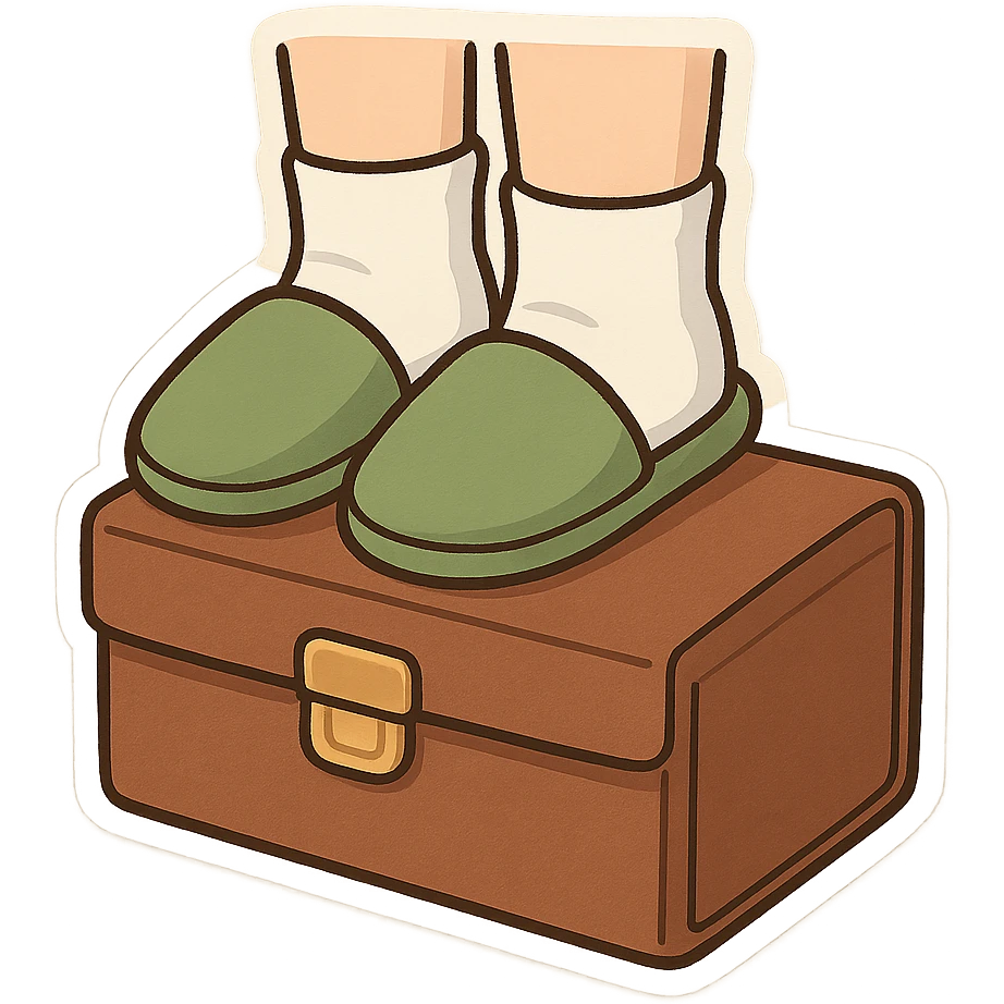 Feet with white socks wearing green house slippers standing on a briefcase emoji