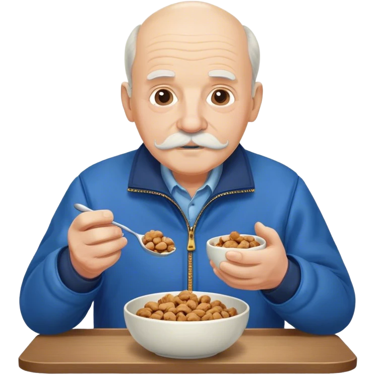 Old White Fat Balding Man with a White Mustache wearing a blue jacket while eating a bowl of Walnuts emoji