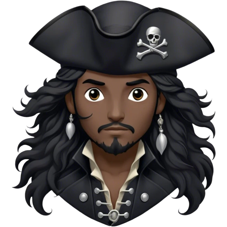 A charismatic pirate with wavy black hair tousled by the breeze. His silver-embroidered tricorn hat casts a shadow. Dark eyes glint with mischief as he looks to the side. His black coat, adorned with silver buttons, shifts with the wind emoji