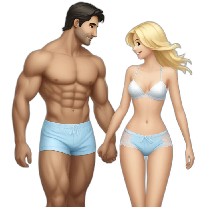 pretty blond woman in light blue lingerie holding hands with handsome dark haired man wearing white shorts emoji