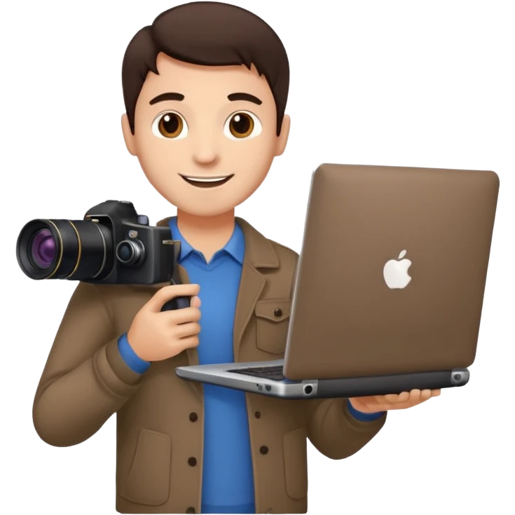 man's head with dark brown hair, holding a laptop and a camera, upbeat and approachable emoji