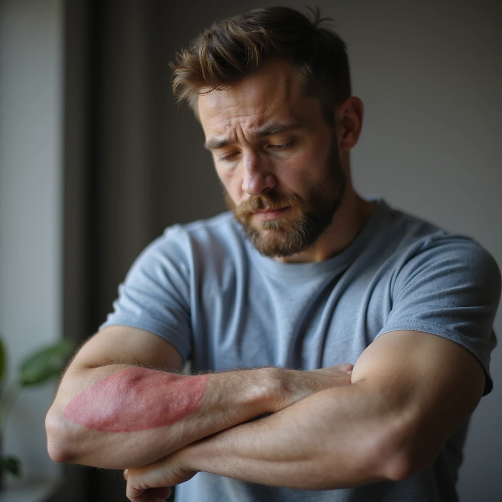 realistic man with red rash on forearm, touching it gently, concerned look, soft lighting, home background, medical realism, dermatology focus, 4K emoji