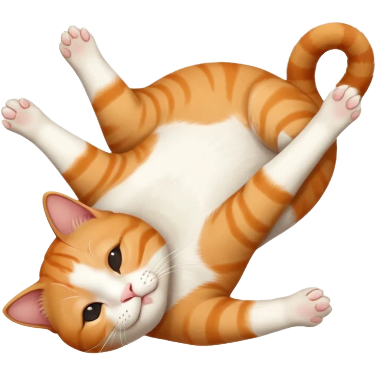 ginger and white small cat eyes closed lying down upside down with paws stretched out straight in different directions emoji
