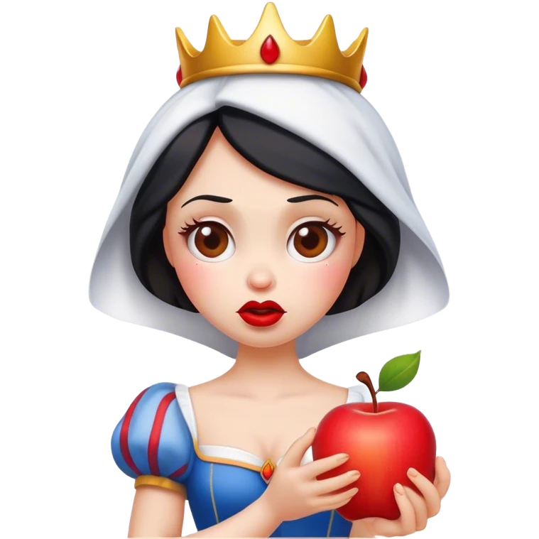Cinematic Funny Snow White Portrait Emoji, Holding an apple with a suspicious expression, one eyebrow raised, lips pursed as if questioning her life choices, a hilariously relatable fairy tale moment! emoji