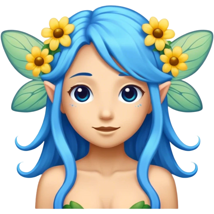 flower fairy, long blue hair, tan skin, emoji  emoji