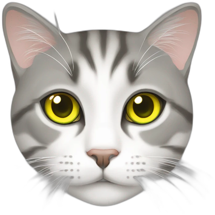Grey asymmetrical face marking and white tabby european cat with yellow green eyes emoji