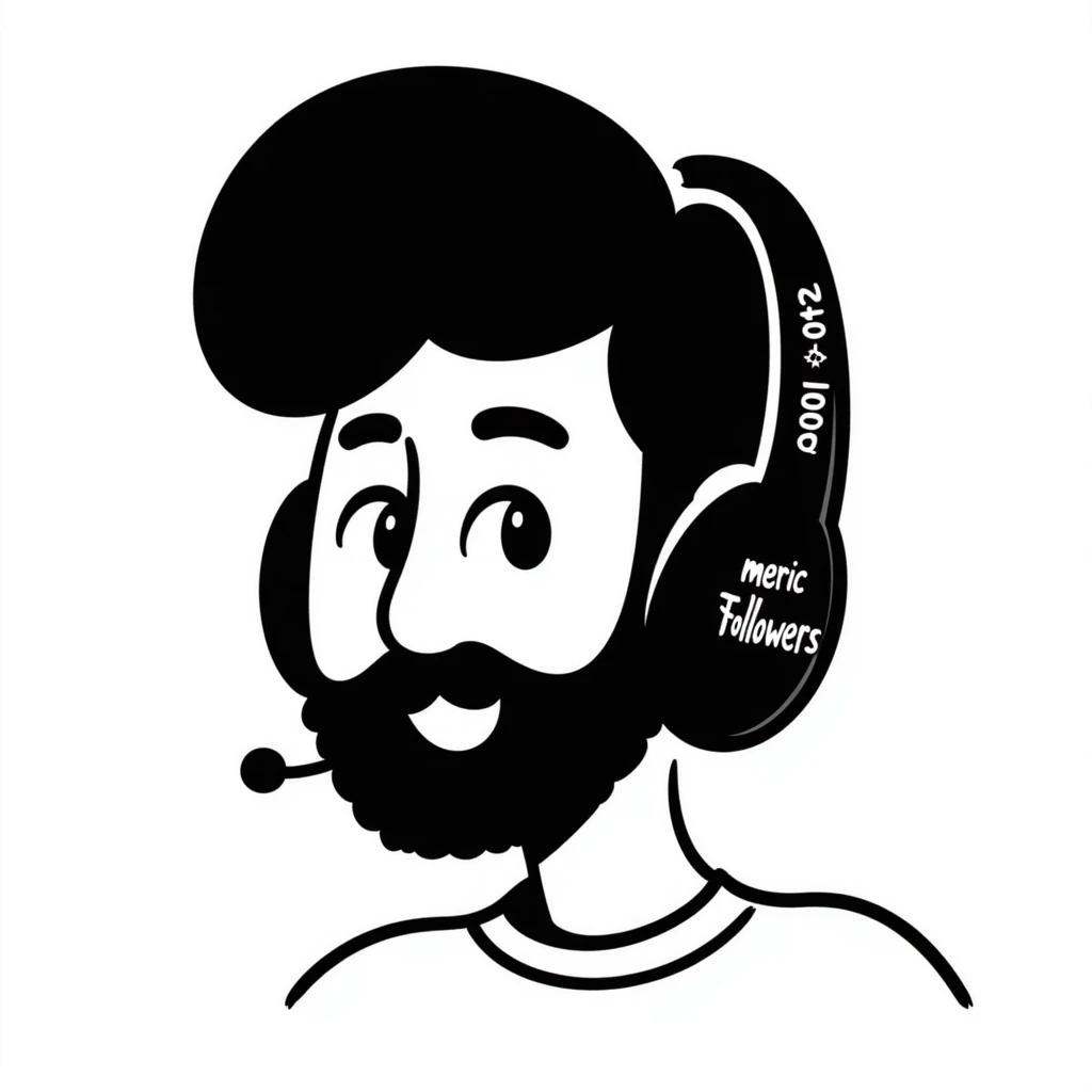 A person with black hair, brown eyes, black beard wearing a gaming headset "merci Followers" emoji