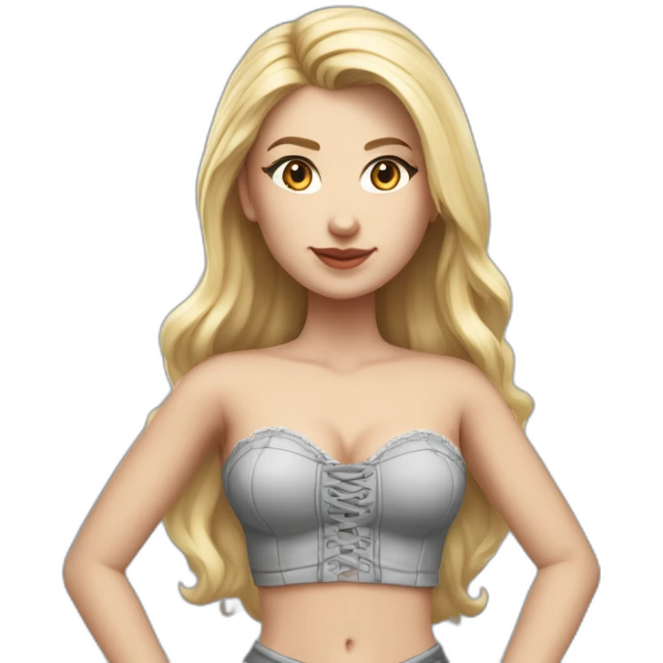 hyperrealistic caucasian female, long straight blonde hair, white laced up bustier, grey mini tight skirt, body view emoji