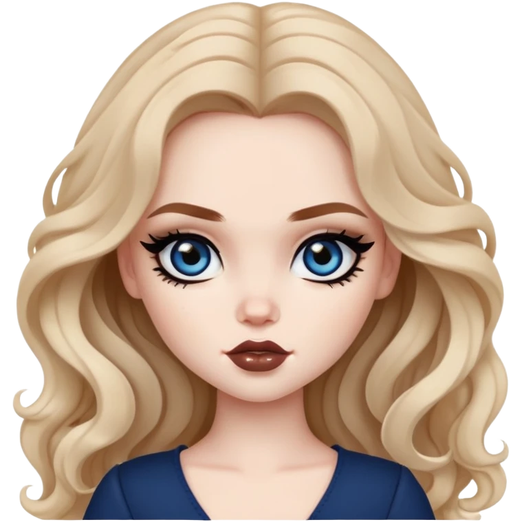 pretty bratz baddie, black eyeliner, pale skin, brown clong wavy hair, dark blue  eyes emoji