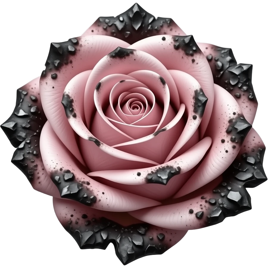 Macro shot of a pale pink rose encrusted in gritty black ash and charred soot, jagged burnt shards, high contrast, neutral grey background emoji