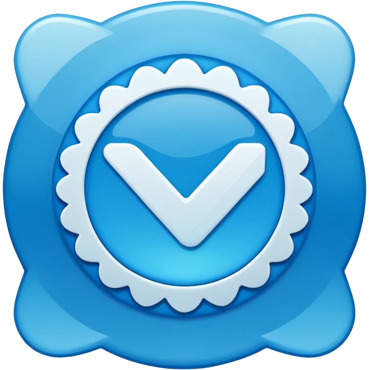 Glossy blue verification badge with scalloped edges, white check mark in middle, subtle radial light gradient, soft shine effect, emoji icon style, clean vector design, transparent background emoji