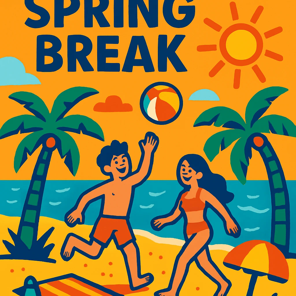 spring break vibrant beach scene with palm trees sun fun atmosphere bright colors emoji