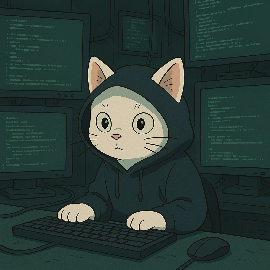 ghibli style white hacker cat surrounded by code and screens emoji