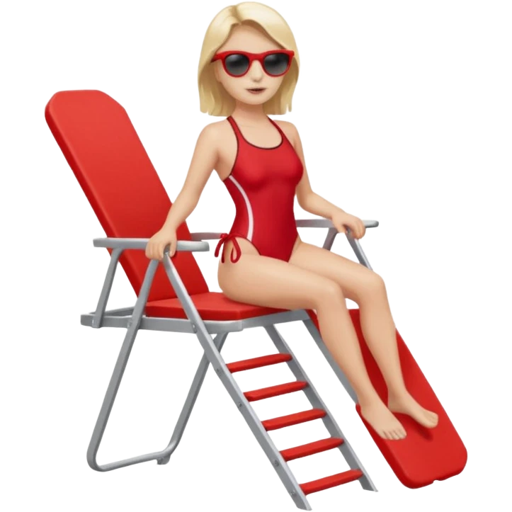 Female lifeguard – red swimsuit, sunglasses, sitting on tall lifeguard chair. emoji