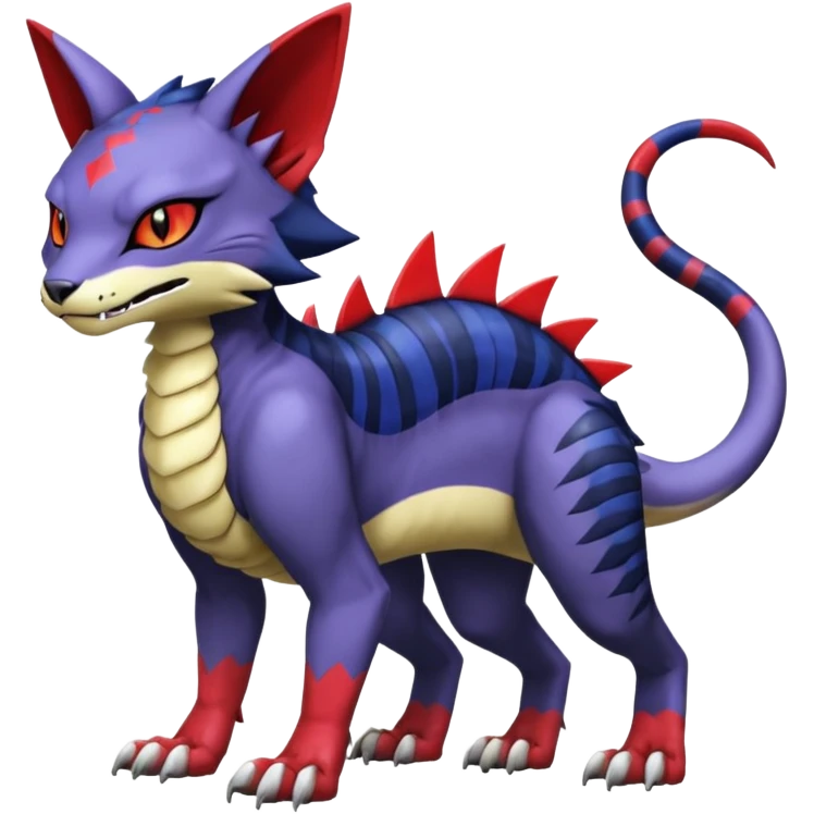 with red markings, white belly, scaley scaly batty feline-like quadrupedal digitigrade furry feral Bastet-Noibat-Gatomon-Garchomp-Digimon-Fakémon-Pokémon-creature (full body) emoji
