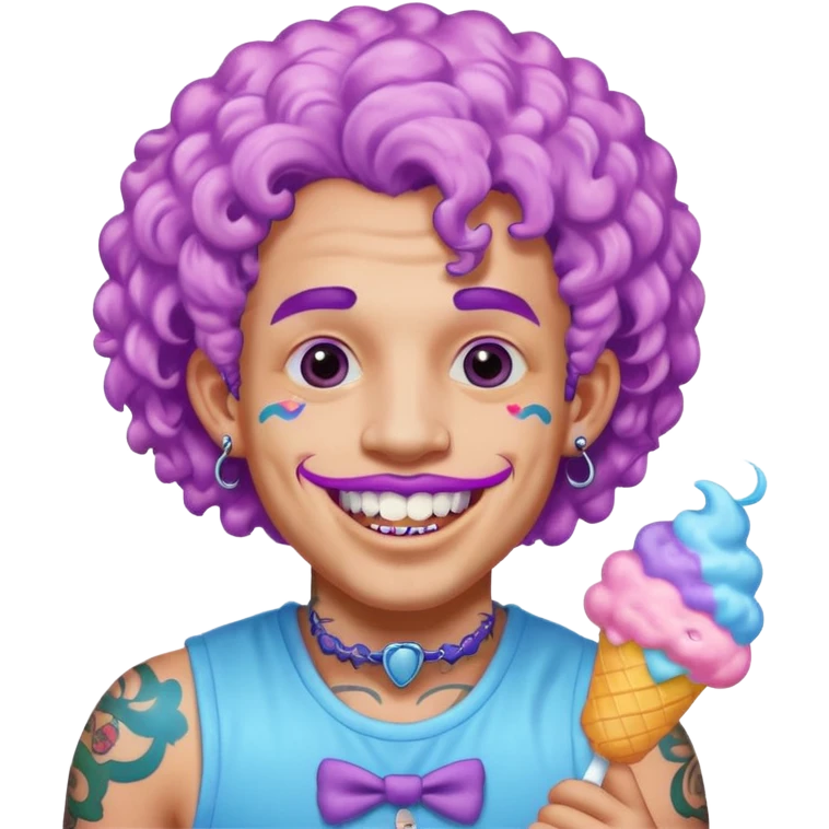 very cheerful colorful puffy violet curly haired man made out of cotton candy wearing teeth-braces and tattoos and face tattoos just face  emoji