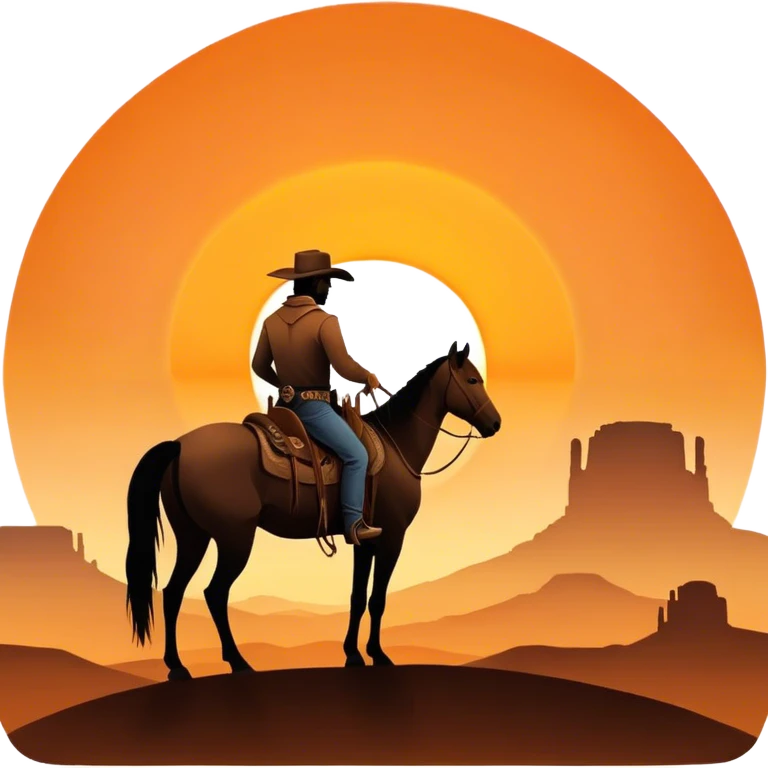 Cowboy riding off into the sunset.  Rear view with cowboy and horse silhouetted against the orange round sun setting on a desert western horizon ahead. emoji