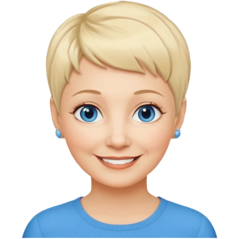 Mujer  60 años pelo rubio y pixie ojos azules cara redonda emoji