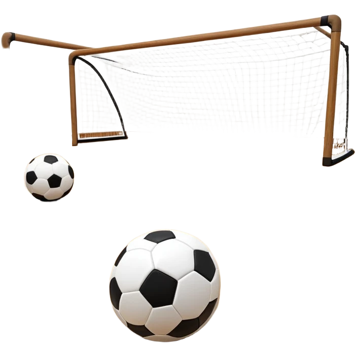 A close-up of footballs and a goal on a covered indoor futsal court with a wooden floor. The scene highlights the details of the balls and goalposts, with the smooth, polished court surface creating a clean and focused atmosphere for the game. emoji