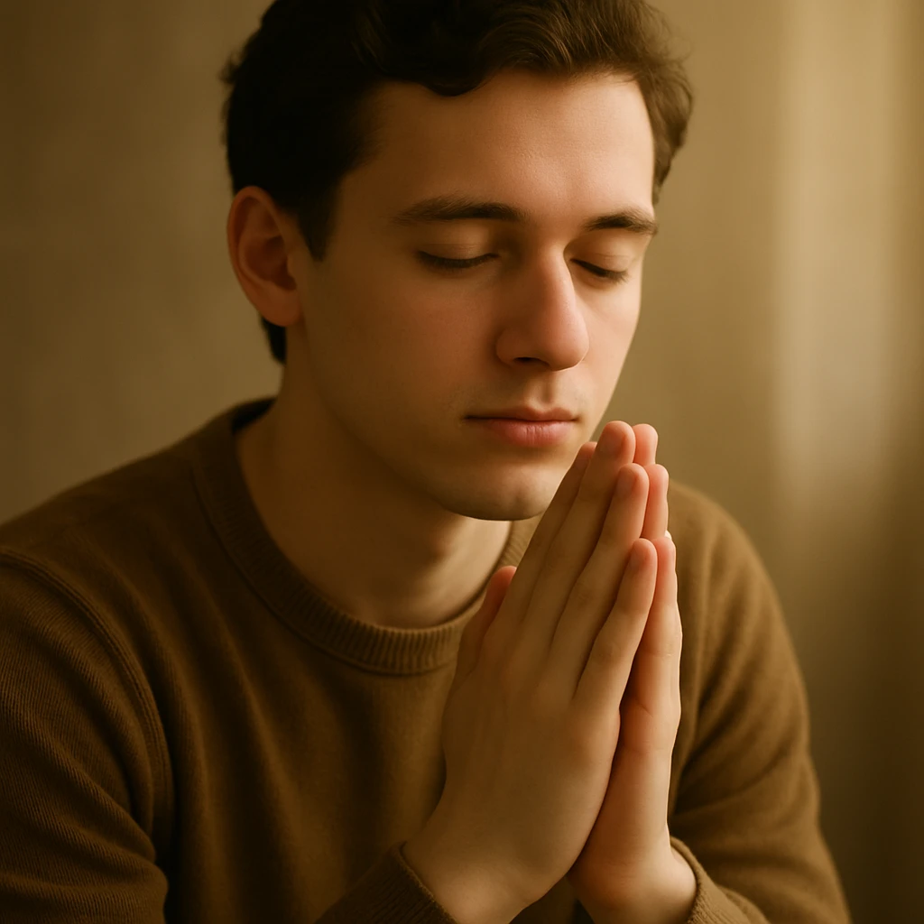 Remove the beard and make the man look 20 years old, keep the praying pose and peaceful expression, maintain the original style and appearance. emoji