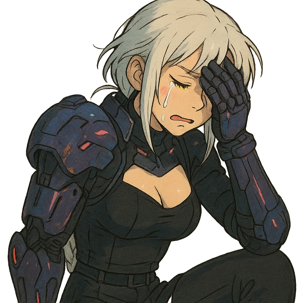  she is wearing armor, maximum power , facepalm smh, eyes closed and tearing up, a closeup portrait of young woman with gold yellow eyes, white hair, long braid, black off-shoulder top d-cup, punk gothic style, futuristic cyberwave cyberpunk, sitting position emoji