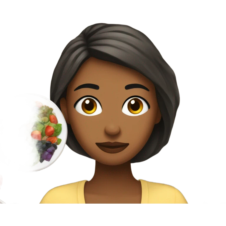 a woman looks at a plate of healthy food emoji