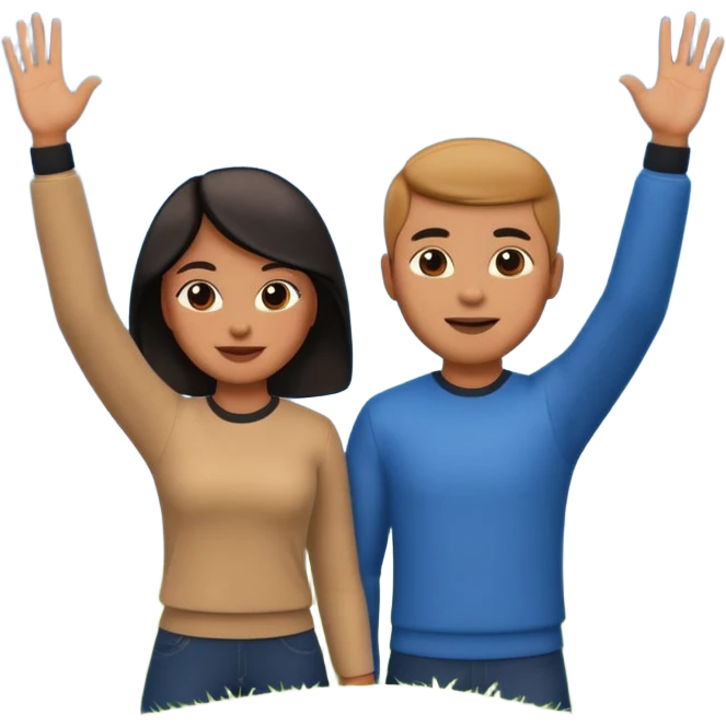 A 3D cartoon couple on top of a hill raising hands in victory, sunny sky and nature background, Memoji-style. inside photo frame. emoji