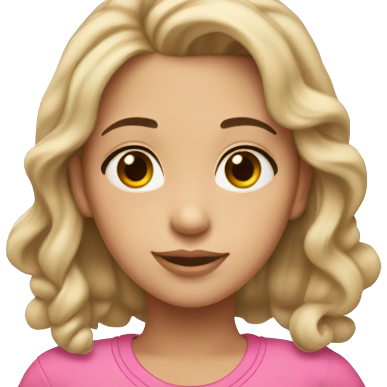 A slightly brunette girl with pretty features wearing a pink hair tie and medium length dark brown hair with blonde ends wearing a pink outfit emoji