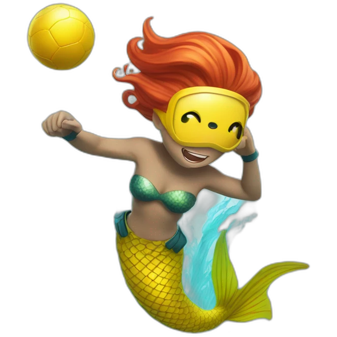 Underwater man redhead mermaid swimming with fins, snorkel equipement, holding a small yellow ball, looking strong and fighting emoji